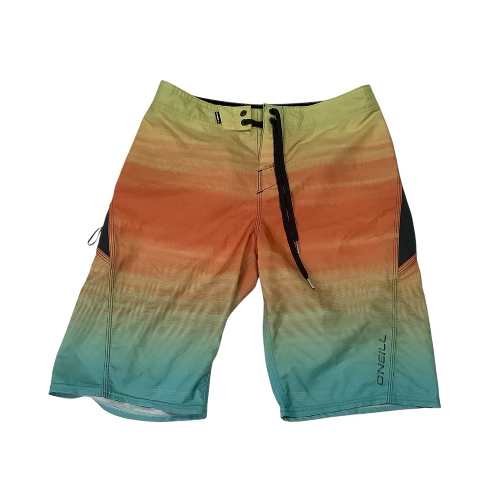 O’Neill Superfreak Striped Boardshorts Sz 28 Orange Teal Yellow